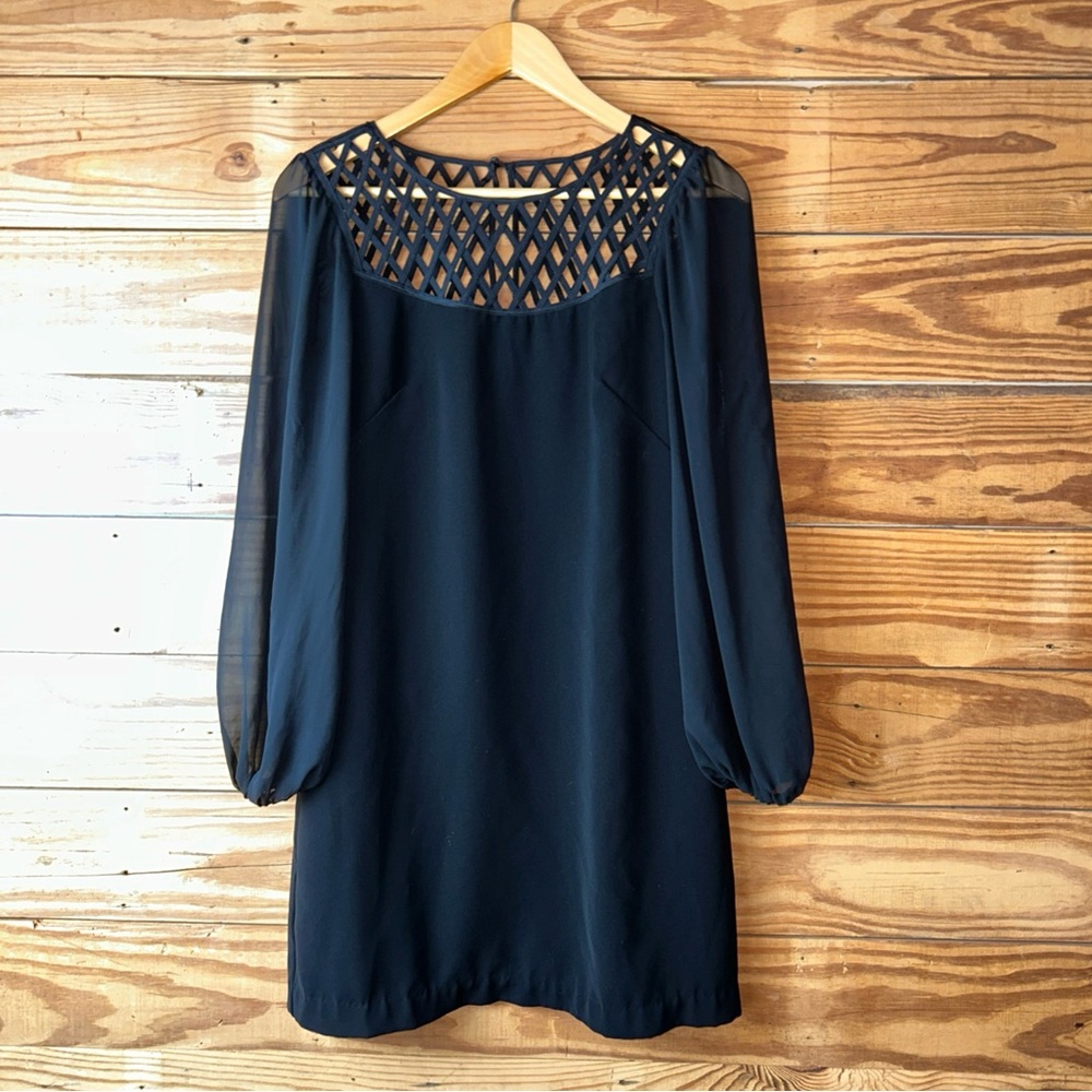 White House Black Market Blue Sheath Dress with Bishop Sleeves